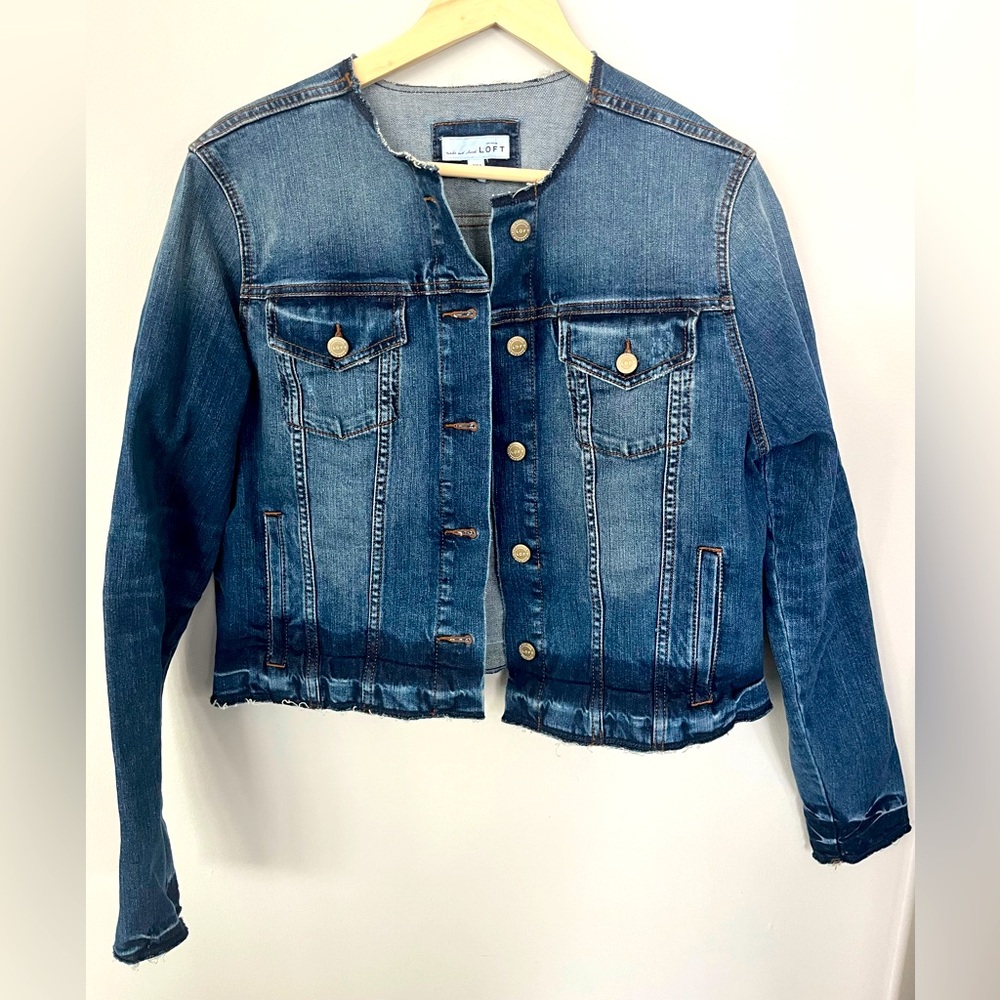 LOFT Dark Blue Denim Jacket - No collar; size L.